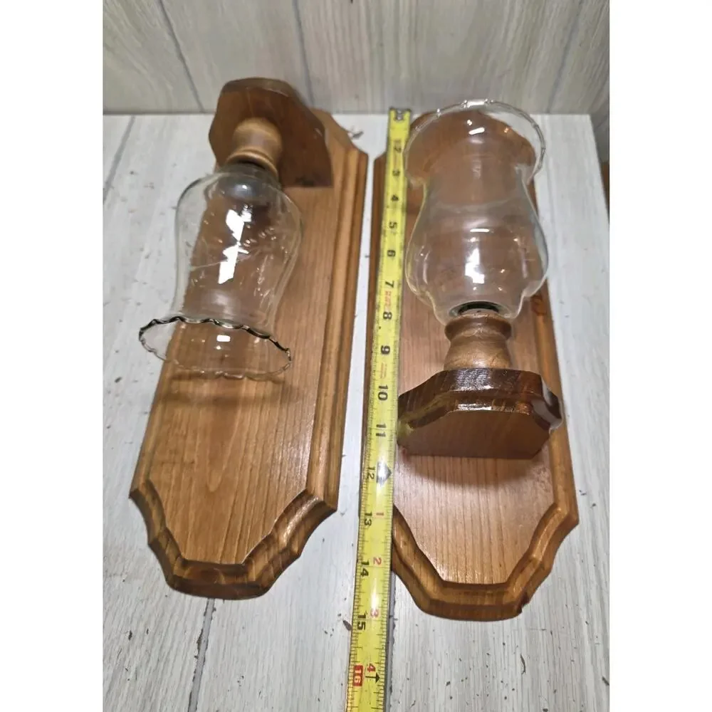 Vtg Wooden Wall Sconce Clear Floral Glass Votive Candle Holder Cabin Decor